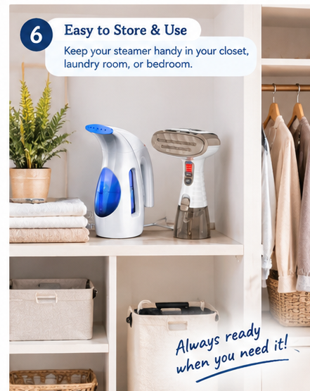 Handheld clothes steamers stored conveniently in a home clothing-care area