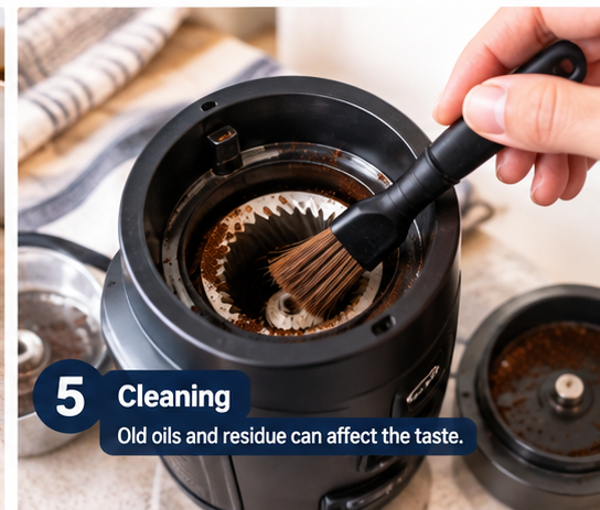 Cleaning a coffee grinder to remove leftover grounds and coffee oil residue