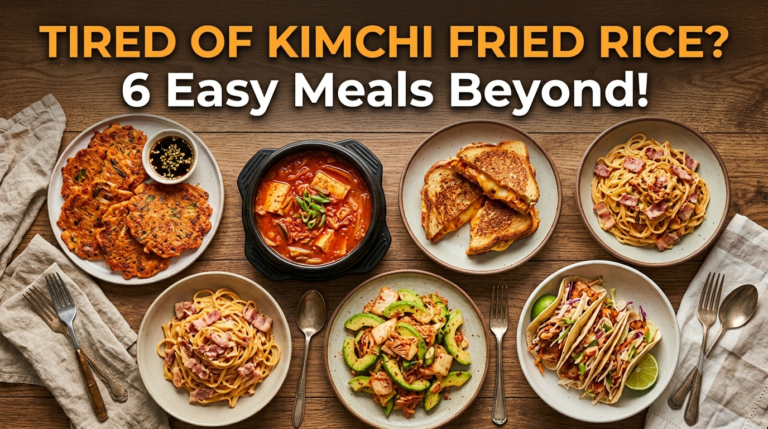 Assorted fusion dishes made with leftover kimchi recipes, including pancakes, stew, udon, and grilled cheese on a rustic wooden table.