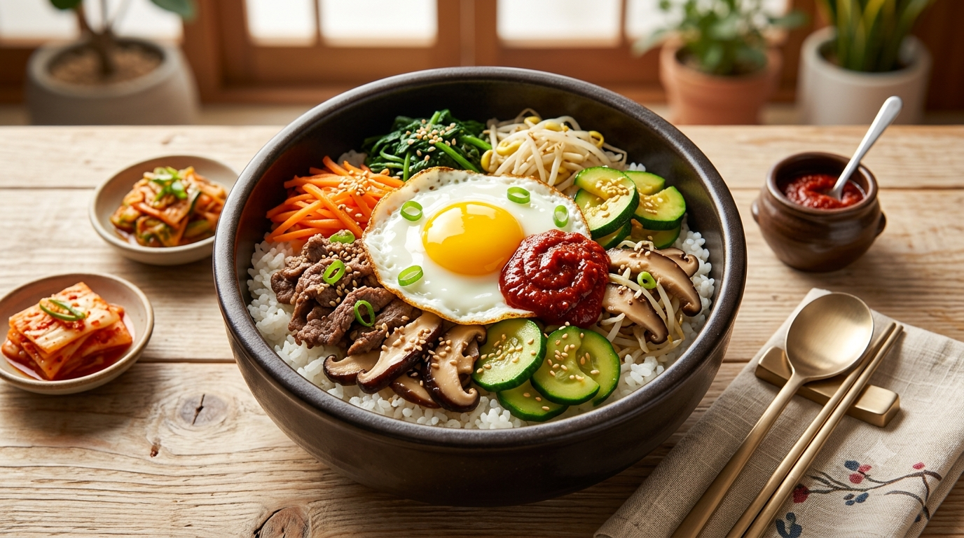 Bibimbap-style rice bowl served with gochujang sauce