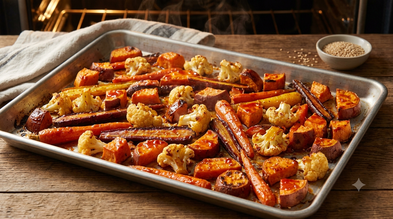 Roasted vegetables coated in a glossy gochujang glaze