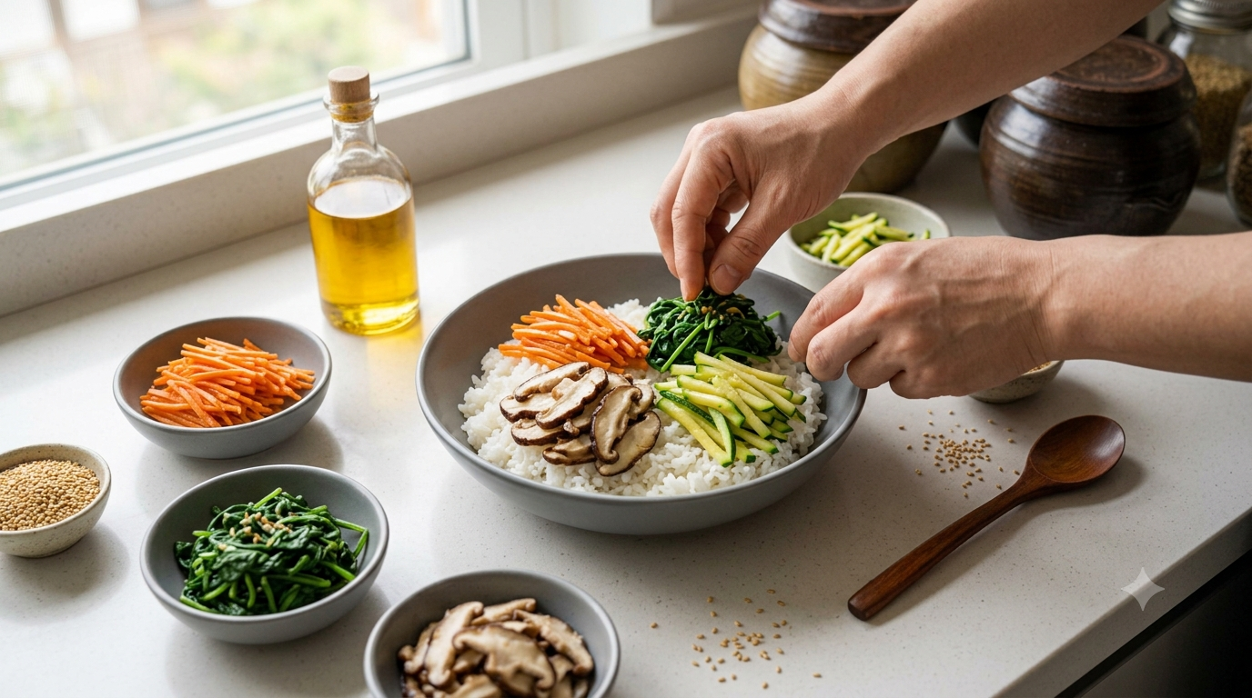 Assembling a Korean bibimbap bowl by arranging cooked vegetables and toppings over rice