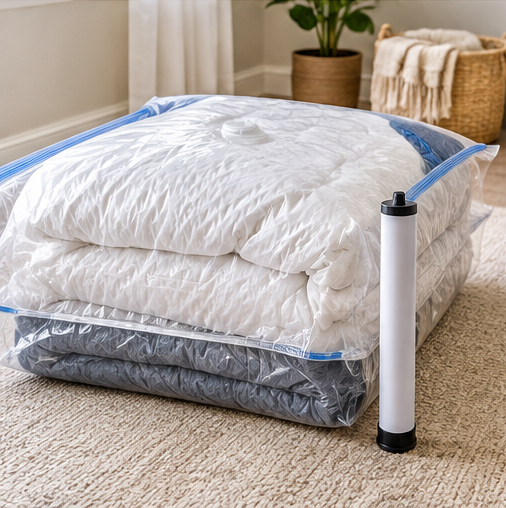 Bulky folded bedding inside a large transparent vacuum storage bag with a hand pump nearby
