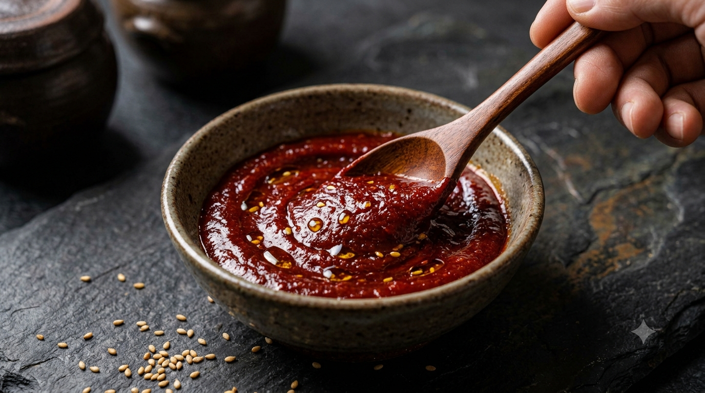 Korean gochujang bibimbap sauce mixed with sesame oil and seasonings in a small bowl