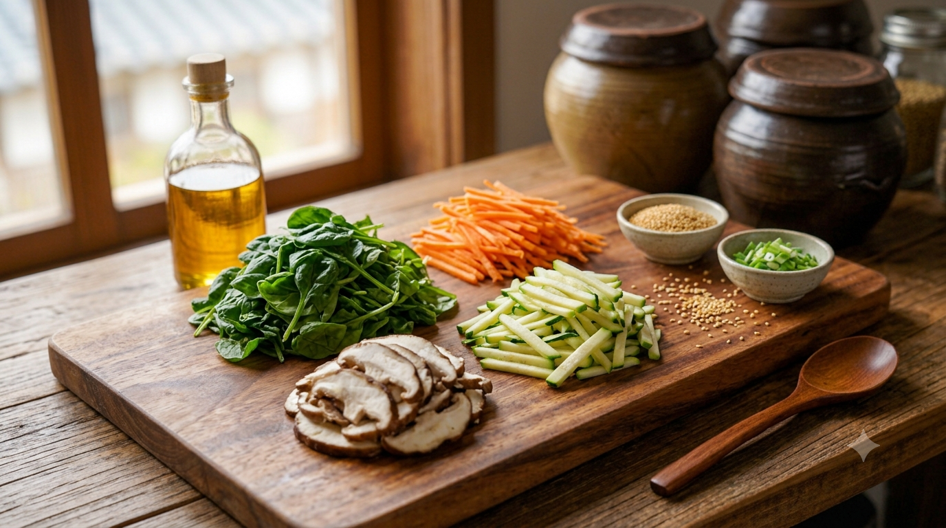 Ingredients for homemade bibimbap including cooked rice, fresh vegetables, eggs, and Korean gochujang sauce