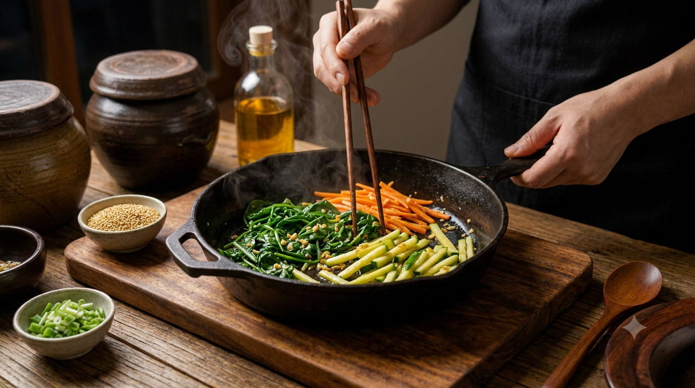 Preparing and cooking separate vegetables for Korean bibimbap with carrots, zucchini, spinach, and mushrooms