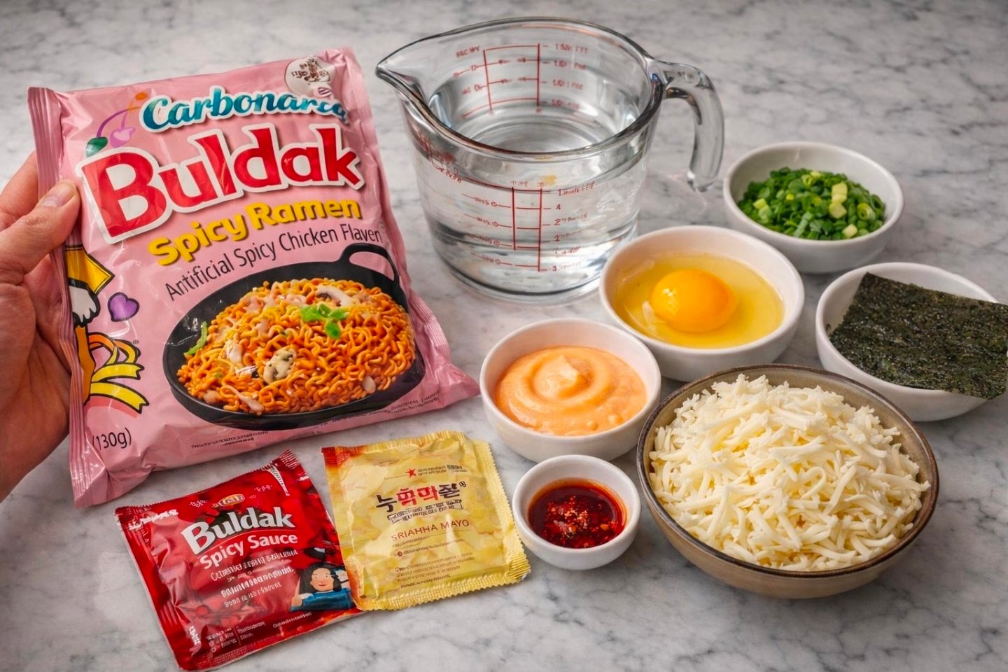 Flatlay of Buldak ramen prep with water, eggs, green onions, and cheese