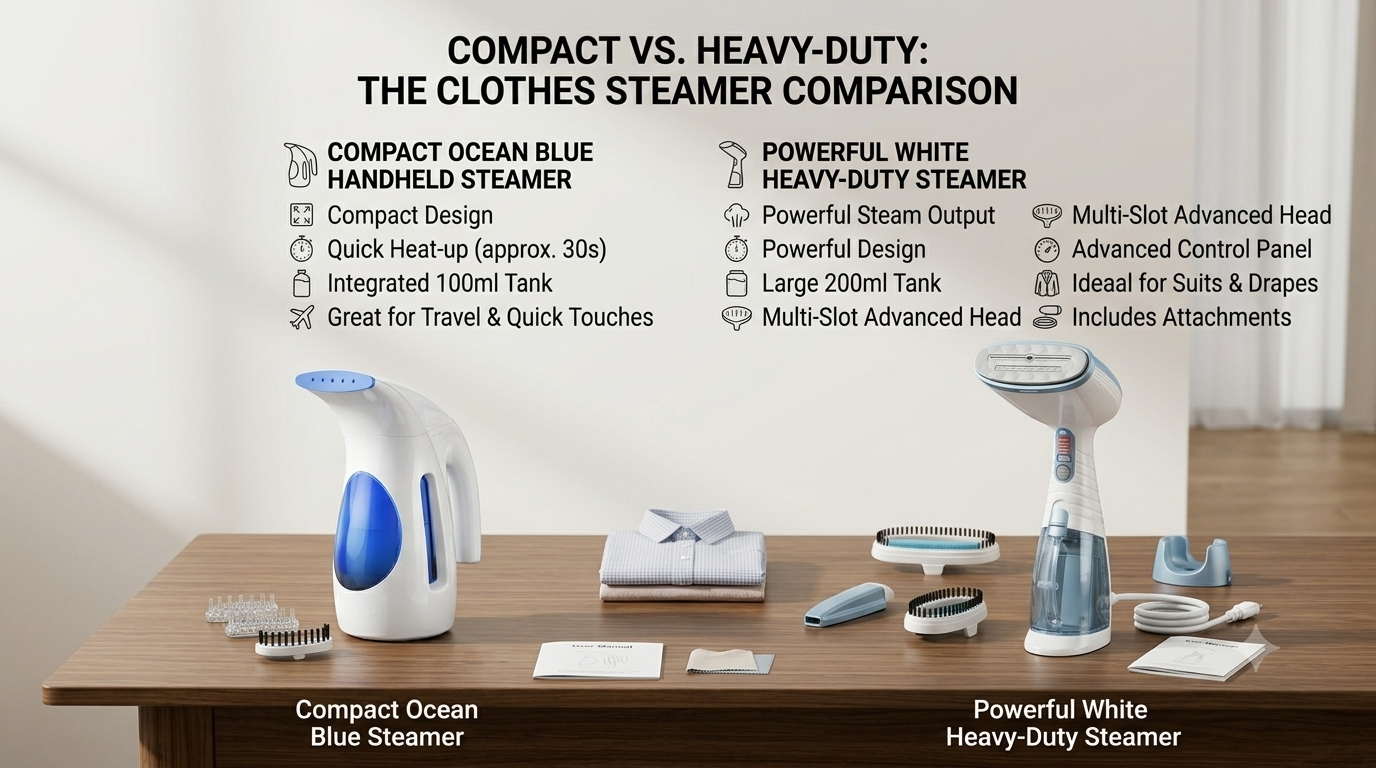 Comparison of compact and powerful clothes steamers for different wrinkle removal needs