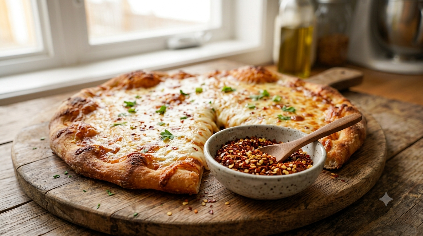 Crushed red pepper flakes sprinkled over pizza as a finishing seasoning