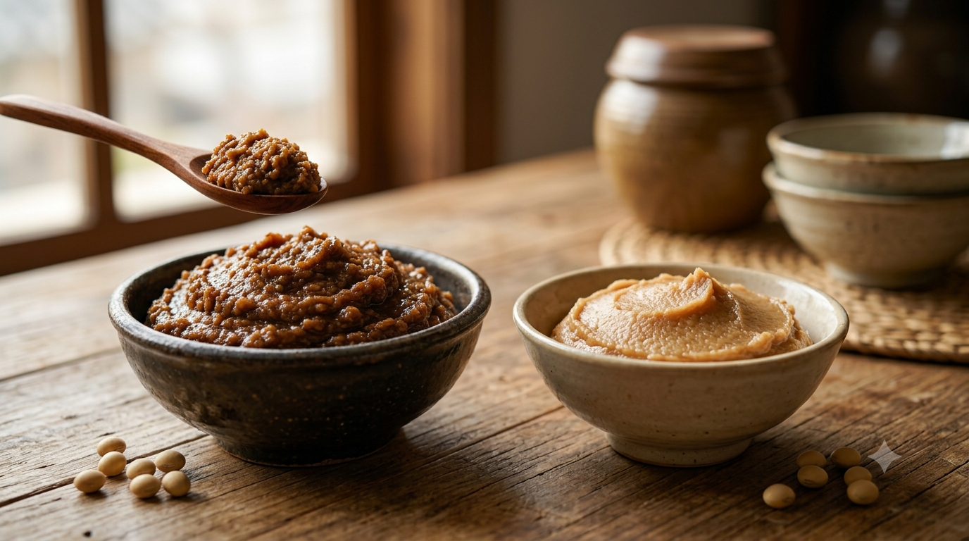 Close-up comparison of coarse traditional Korean doenjang and smooth Japanese miso paste