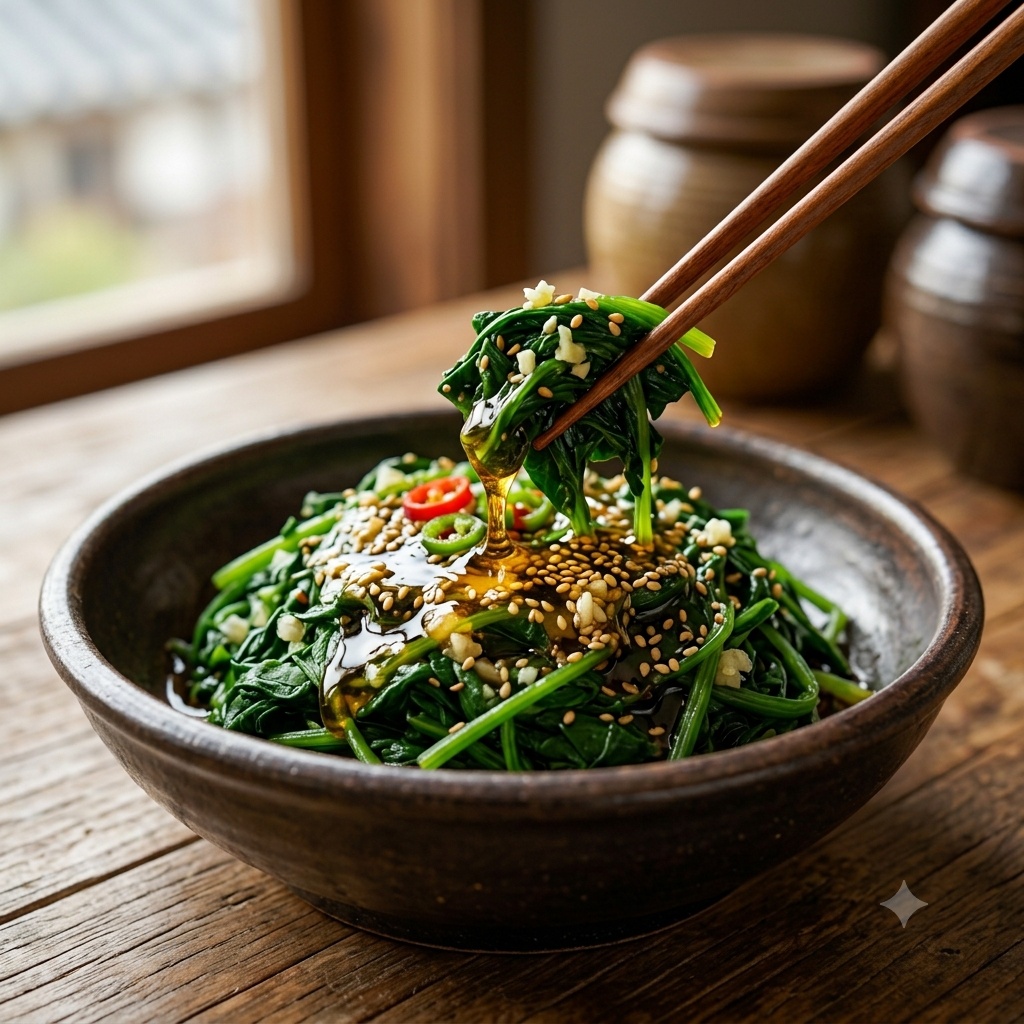 Golden Korean sesame oil being drizzled over freshly prepared seasoned spinach namul