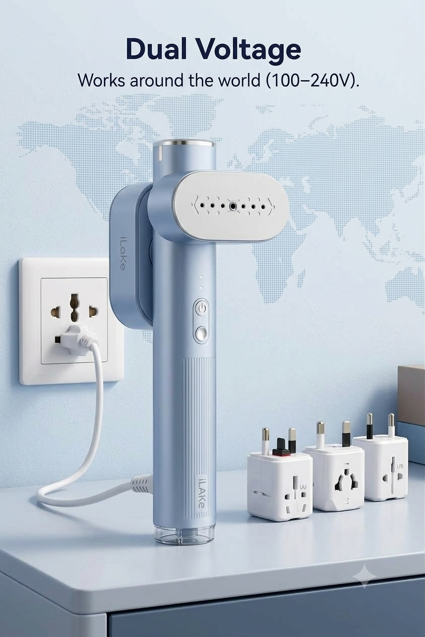 Dual voltage travel steamer with international plug adapters