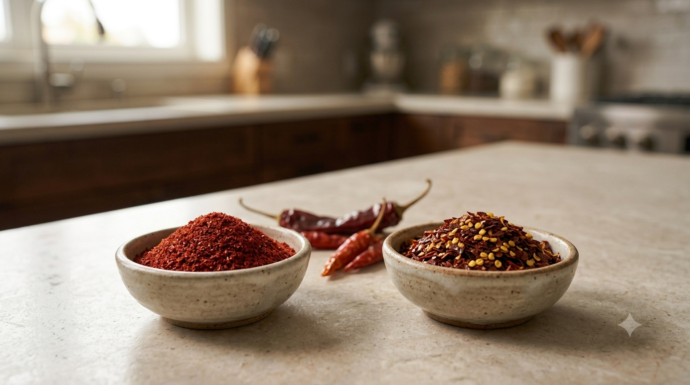 Side-by-side comparison of Korean gochugaru and crushed red pepper flakes used for pizza