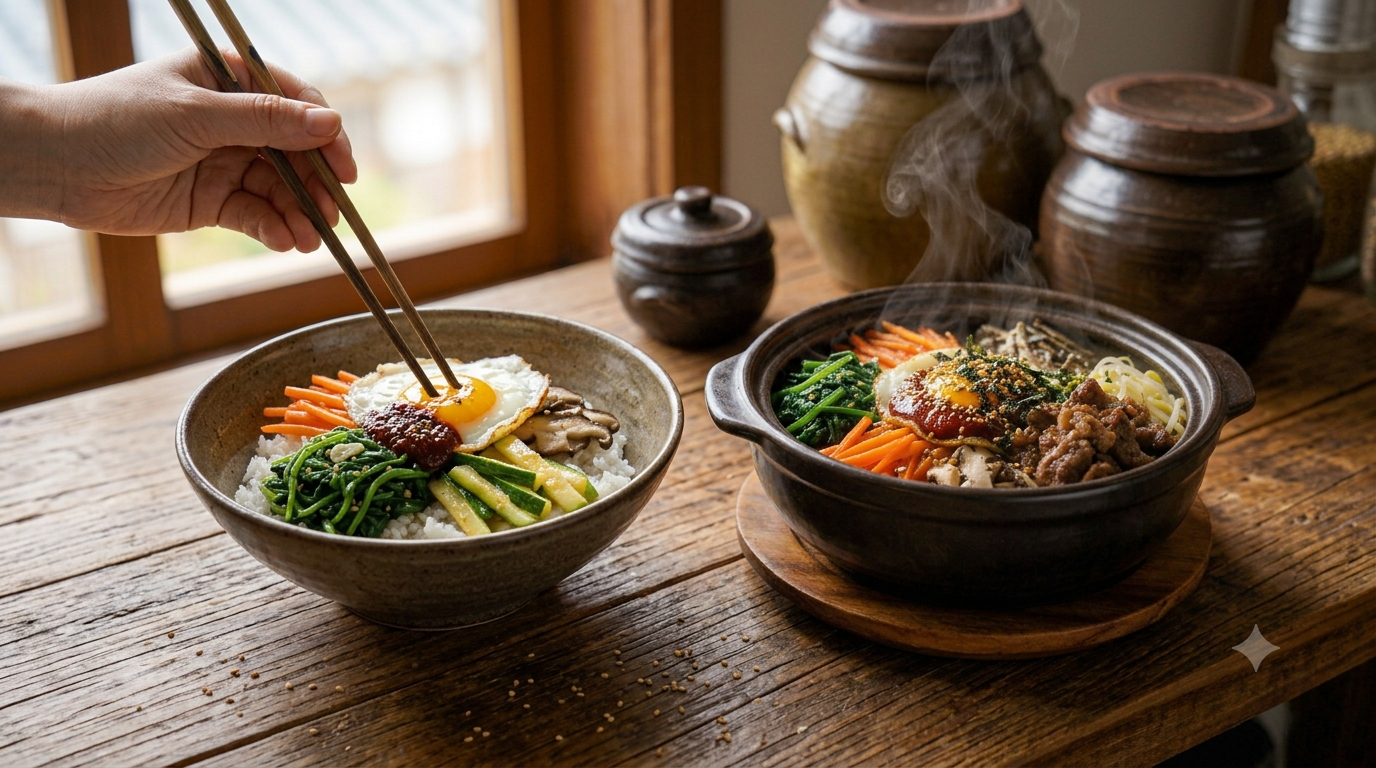 Homemade Korean bibimbap with rice, colorful vegetables, a fried egg, and gochujang sauce in a bowl