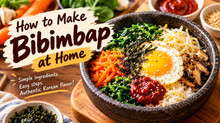 How to make bibimbap at home with rice, colorful vegetables, a fried egg, gochujang, and seaweed in a Korean stone bowl