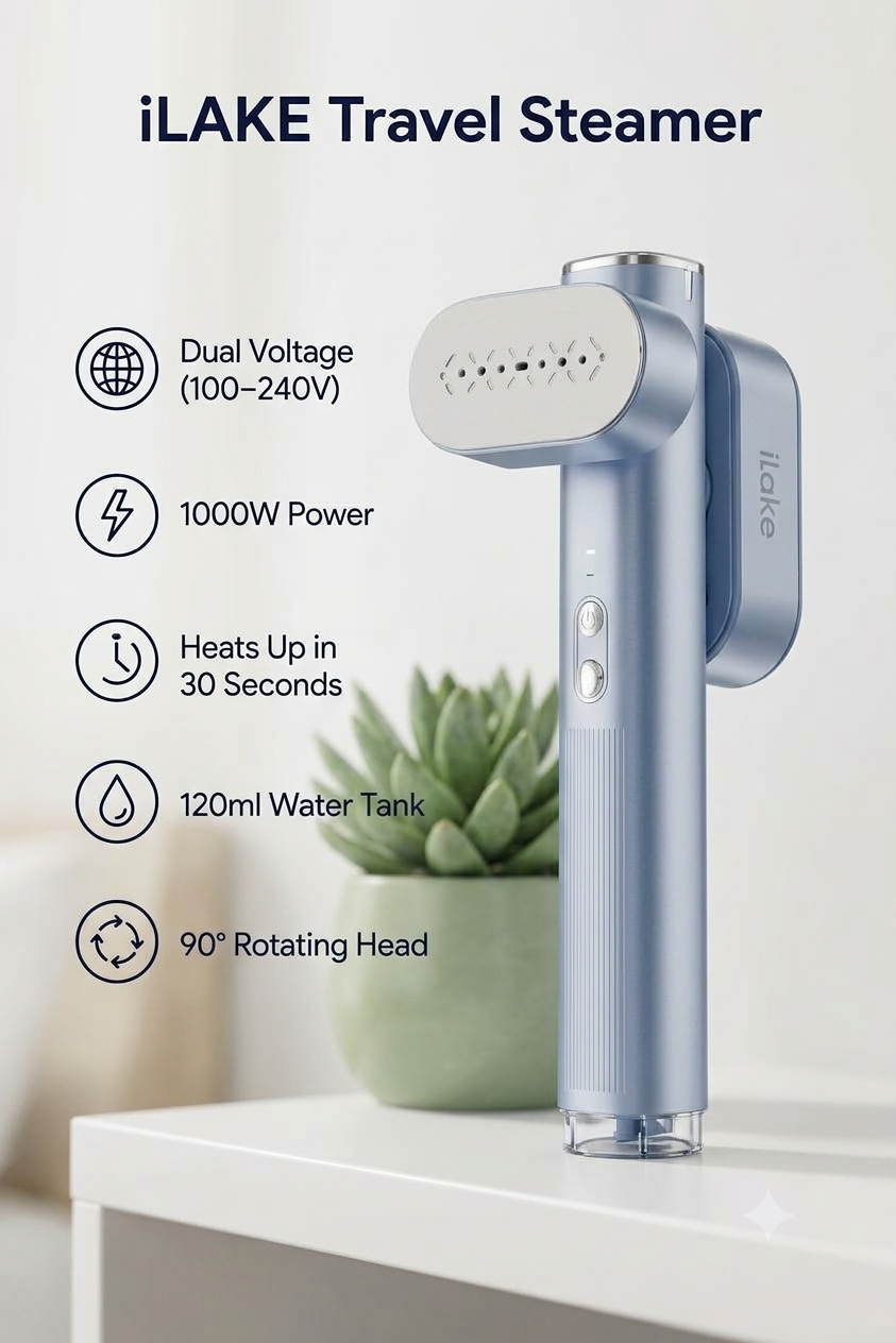 iLAKE compact travel steamer for international travel