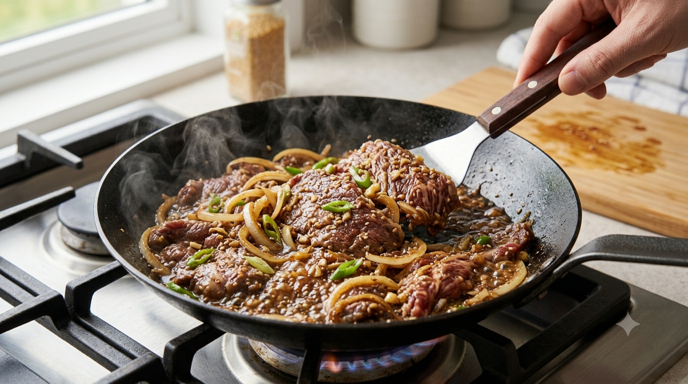 Korean bulgogi sizzling with caramelized edges in a hot iron skillet