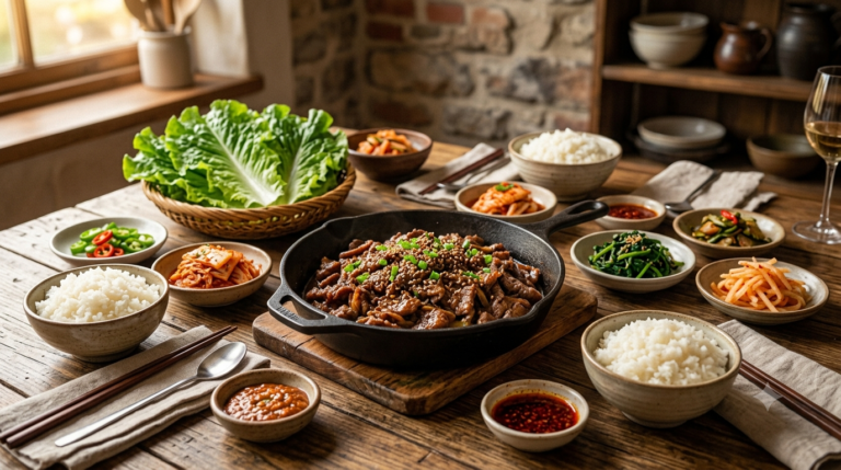 Freshly cooked Korean beef bulgogi in a skillet served with steamed rice, fresh lettuce wraps, and kimchi