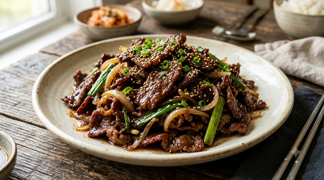Freshly cooked Korean beef bulgogi in a skillet with rice and sides