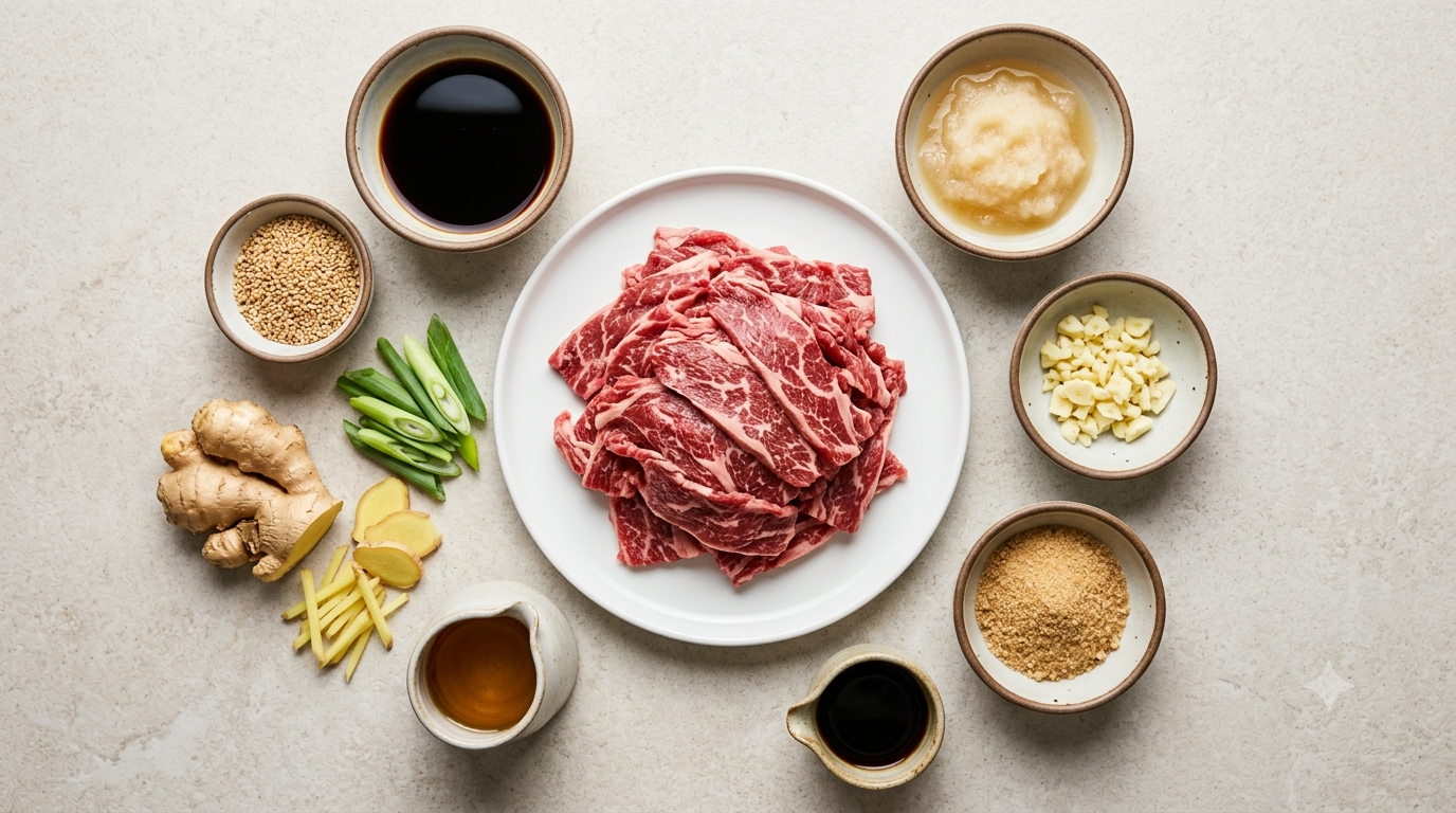 Thinly sliced raw beef and fresh ingredients for bulgogi