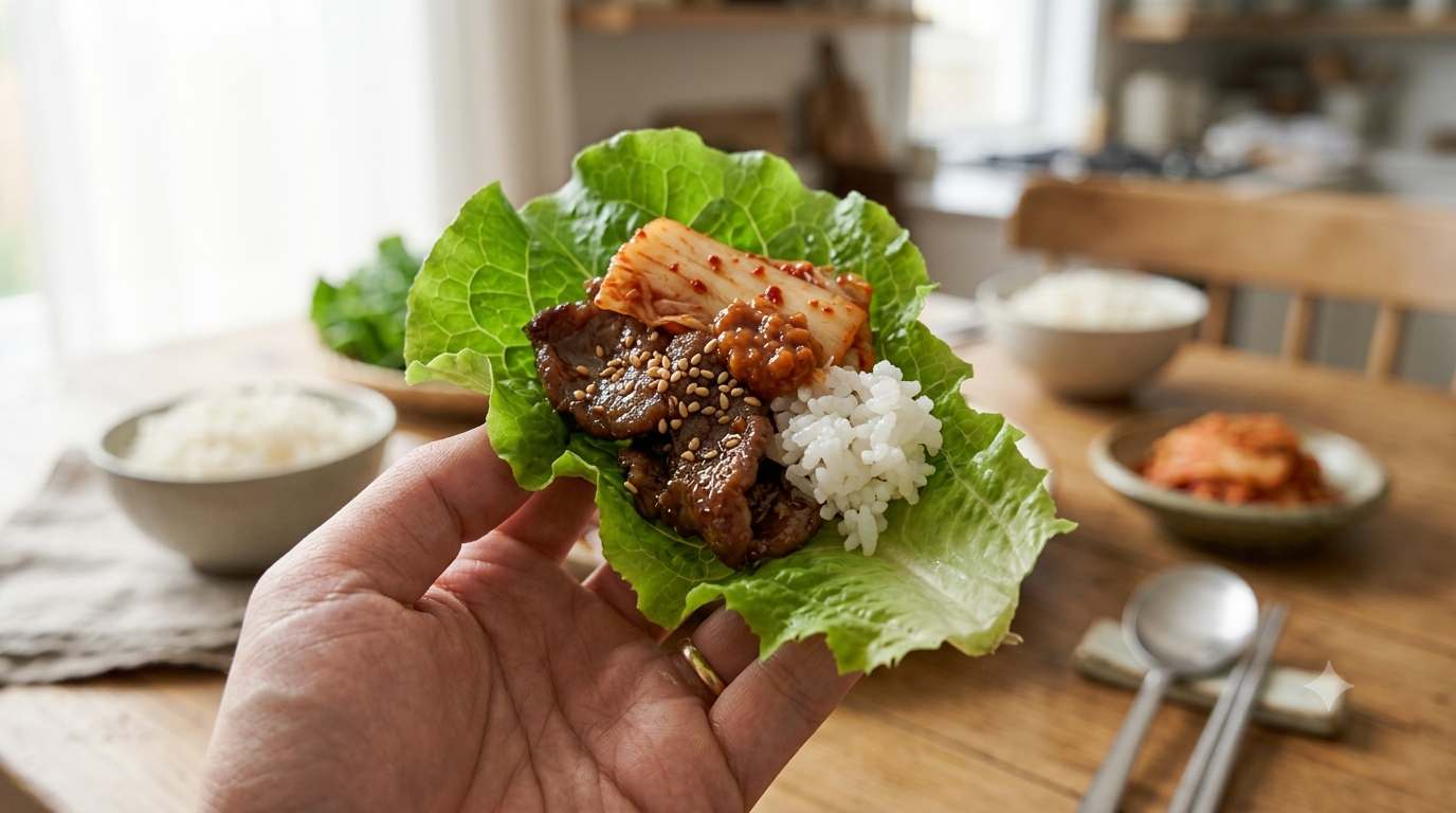 Making a Korean lettuce wrap with bulgogi and rice