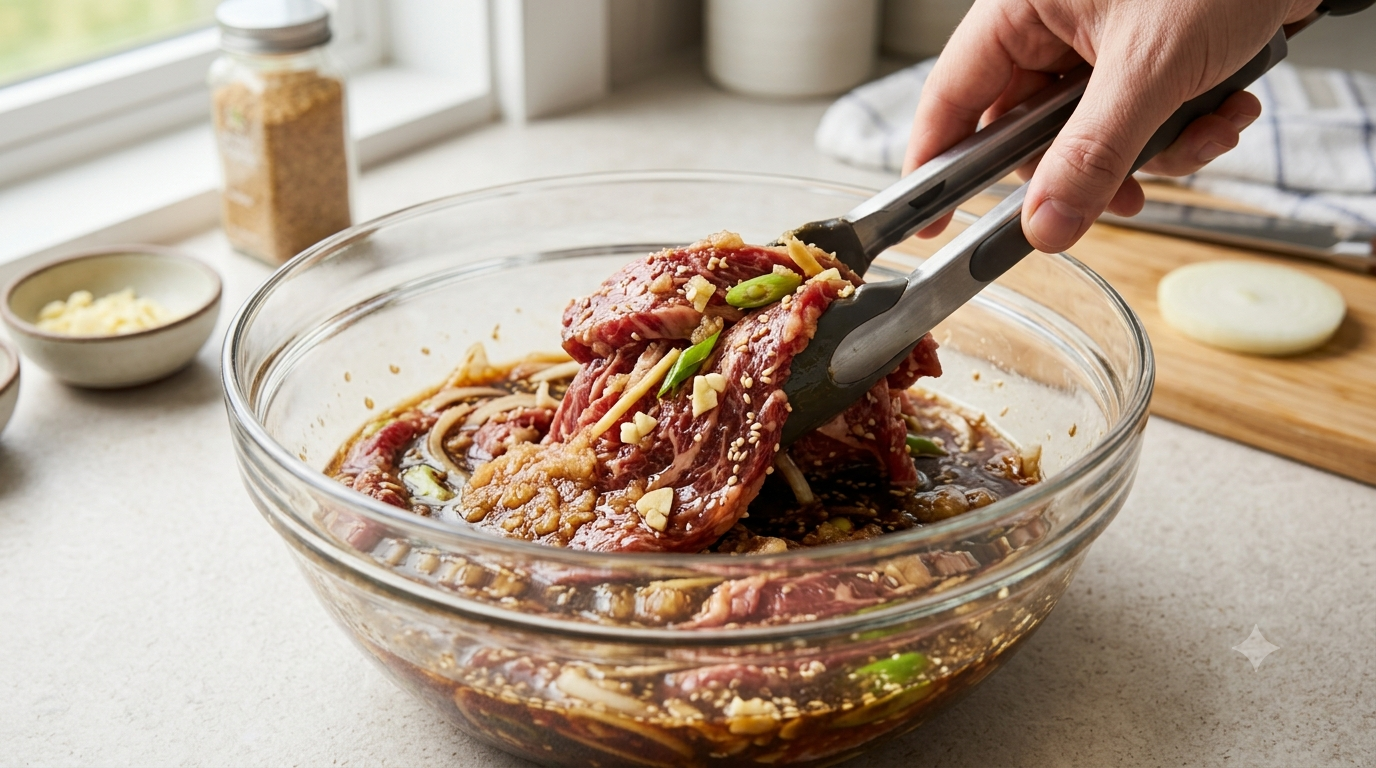 Beef slices being mixed in a glossy soy-garlic marinade