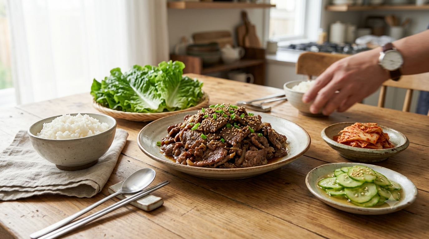 Korean bulgogi served with various side dishes and rice