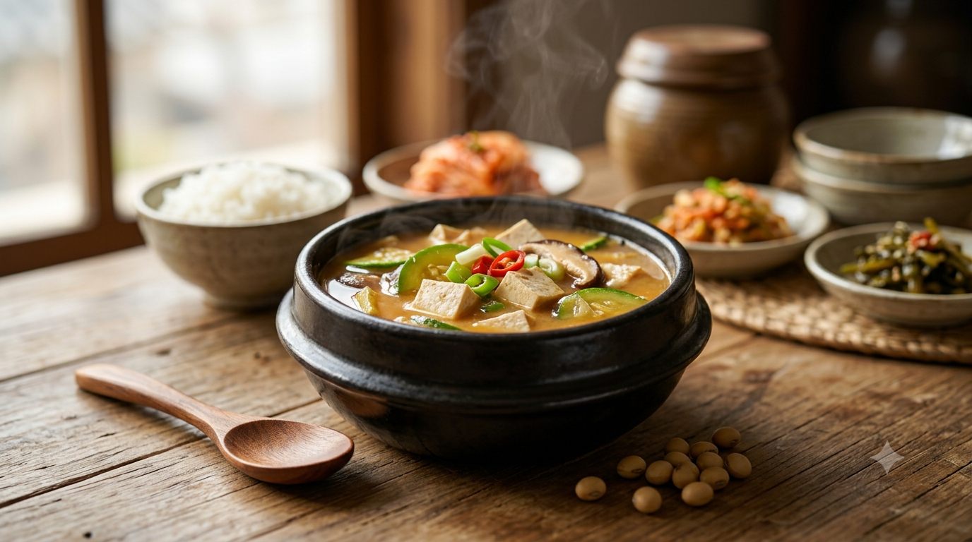 Korean doenjang jjigae with tofu and vegetables in an earthenware pot