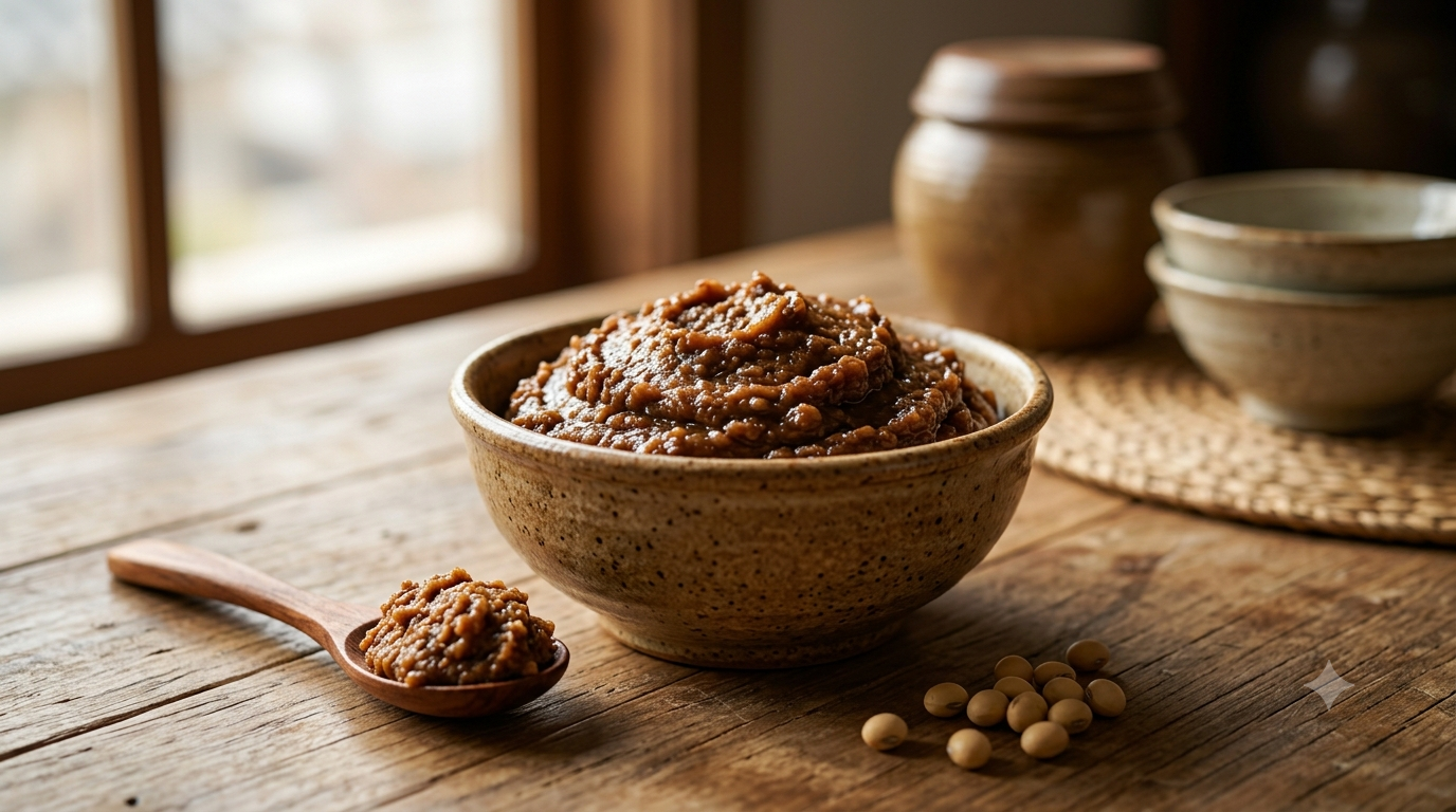 Traditional Korean doenjang soybean paste in a rustic bowl with soybeans and a wooden spoon
