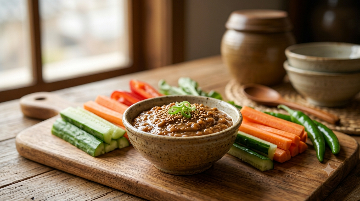 Doenjang dipping sauce served with fresh cucumber, carrot, and bell pepper sticks
