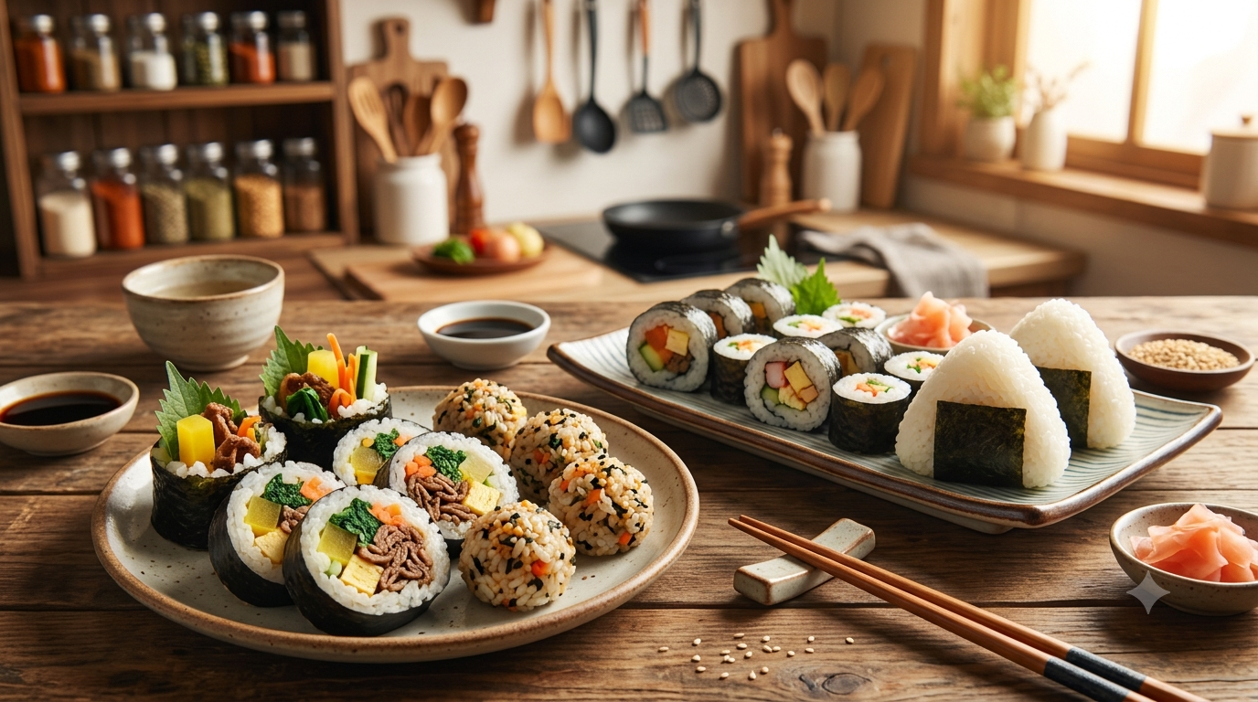 Korean gimbap rolls and Japanese sushi rolls illustrating how seaweed sheets are used