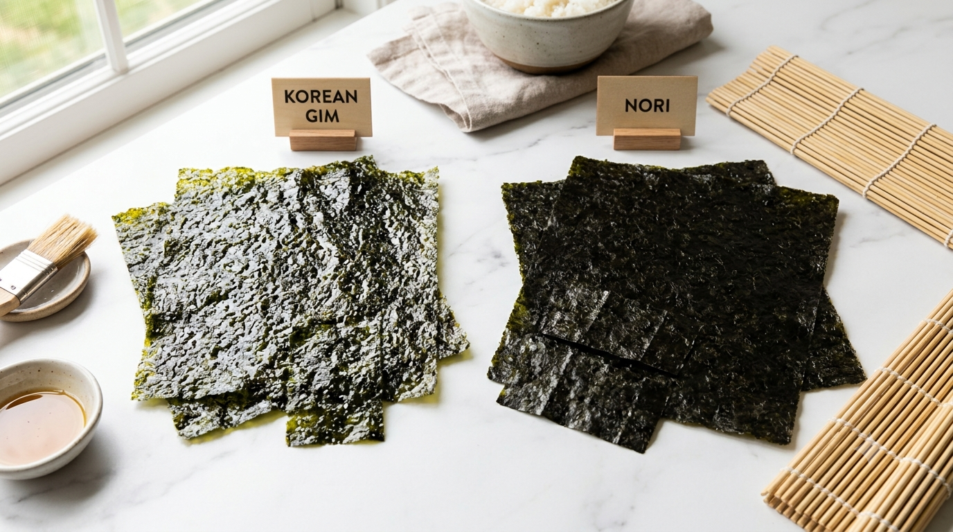 Korean gim vs Japanese nori showing different seaweed styles and culinary uses