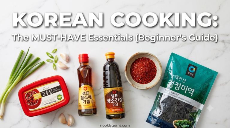 Korean pantry essentials featured image showing must-have Korean cooking ingredients like Gochujang and sesame oil.
