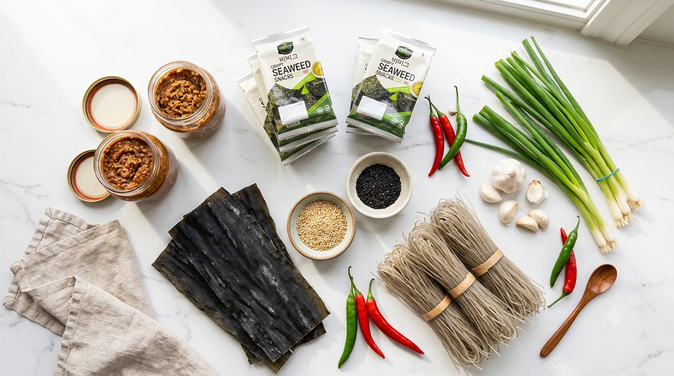 Korean pantry essentials flat lay ingredients