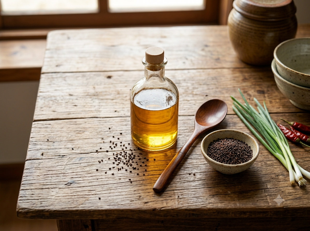 Korean toasted sesame oil with sesame seeds and simple ingredients on a rustic wooden table