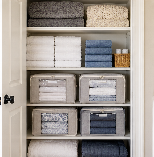 Neatly categorized towels and bedding stored in separate fabric containers on linen closet shelves