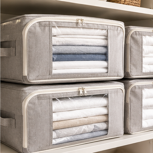 Gray fabric linen storage bins with clear windows and zippers holding neatly folded towels and bedding