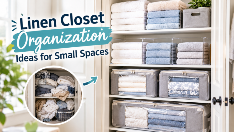 Linen closet organization ideas for small spaces with neatly folded towels, fabric storage bins, shelf dividers, and bulky bedding storage