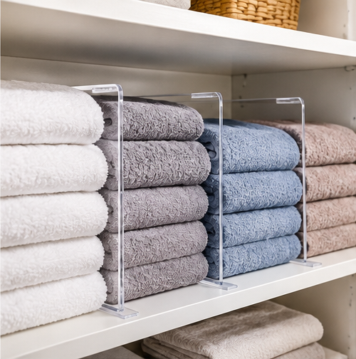 Folded towels separated into stable stacks with clear shelf dividers in a linen closet