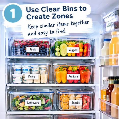 Refrigerator organization using clear bins to create practical food zones