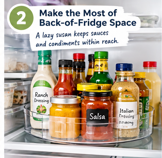Lazy Susan refrigerator organizer keeping sauces and condiments easy to reach