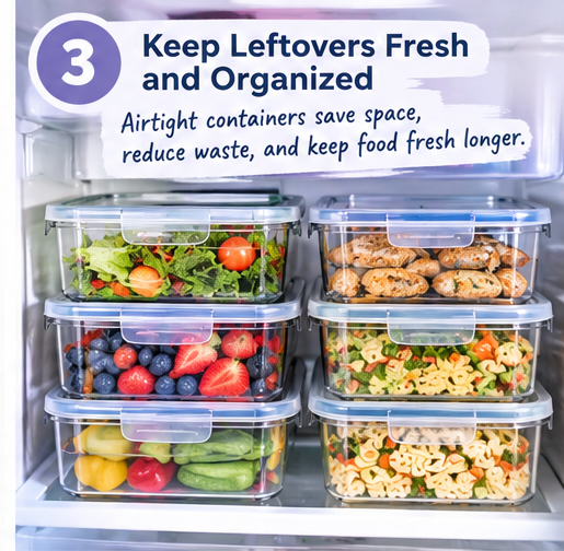 Stackable food storage containers organizing leftovers inside a refrigerator
