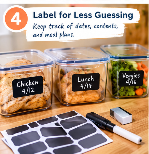 Food labels showing dates and contents for organized refrigerator storage