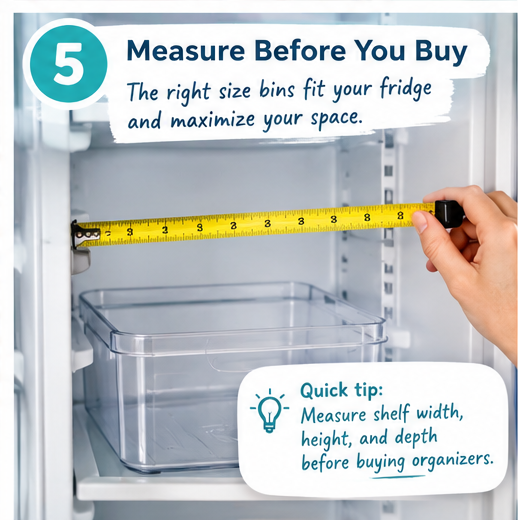 Measuring refrigerator shelf space before buying storage organizers