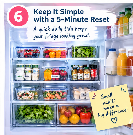 Organized refrigerator maintained with a simple five-minute daily reset