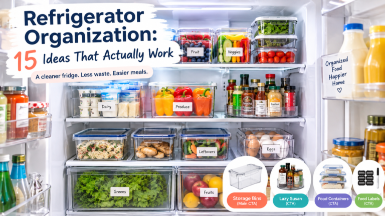 Refrigerator organization ideas with clear storage bins and neatly arranged food