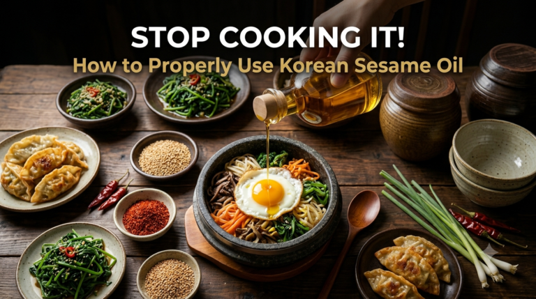 Korean sesame oil being drizzled over a sizzling bibimbap bowl surrounded by namul side dishes and mandu