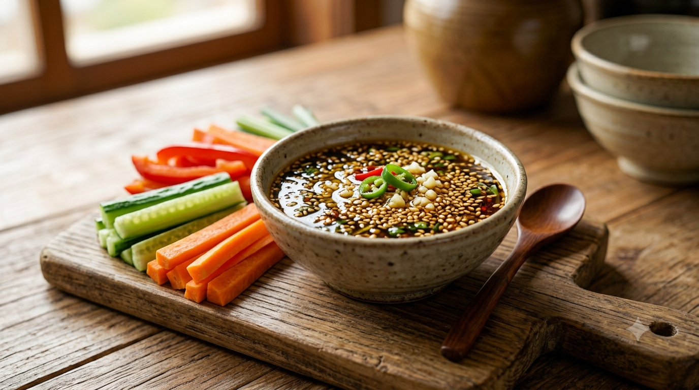 Small bowl of Korean-style soy sauce dipping sauce with sesame oil and sesame seeds