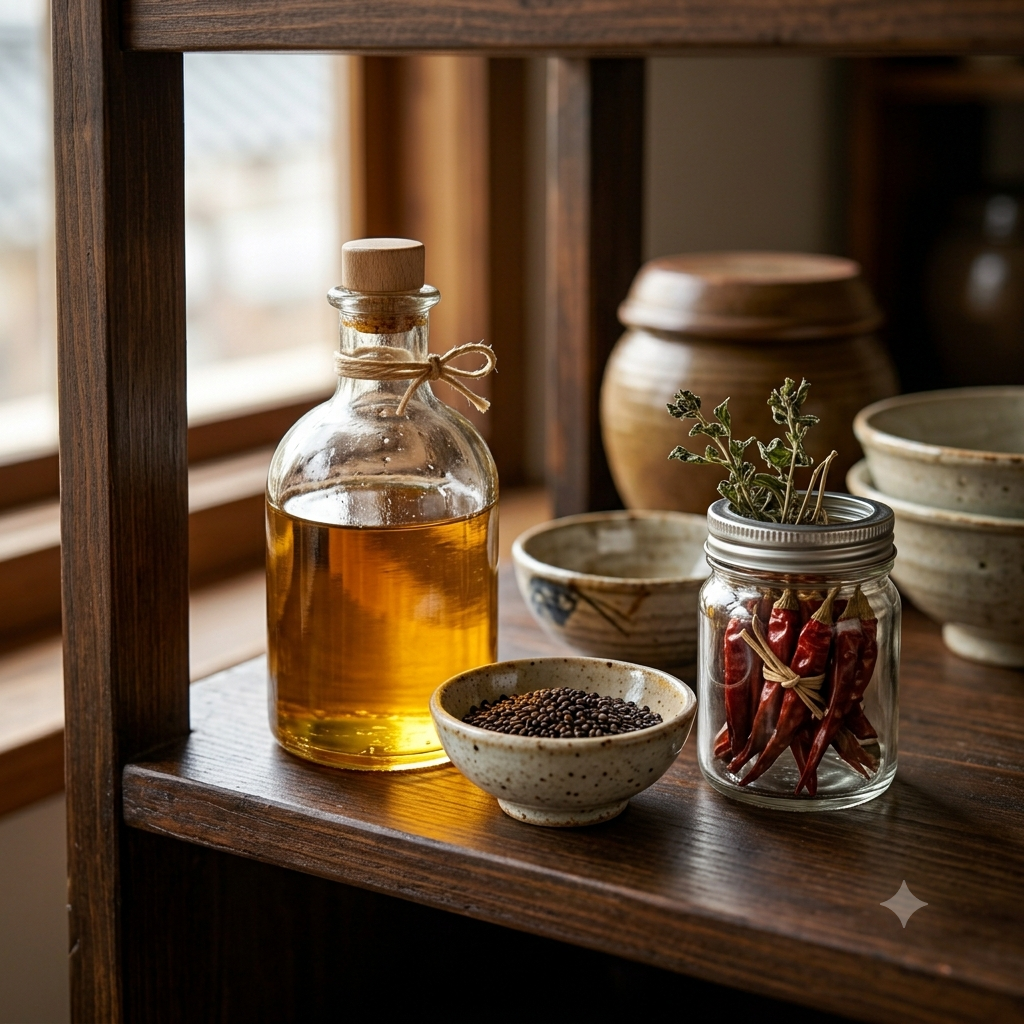 Bottle of Korean sesame oil stored in a cool, dark kitchen pantry away from direct sunlight and heat