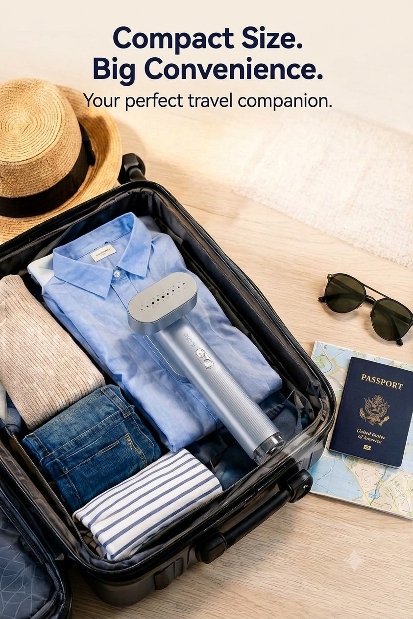 Travel-ready clothes and compact steamer packed in a suitcase
